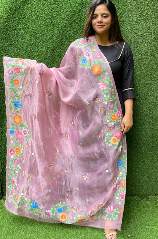 Pink Hand Painted Organza Silk Dupatta - Luxurion World
