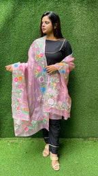Pink Hand Painted Organza Silk Dupatta - Luxurion World