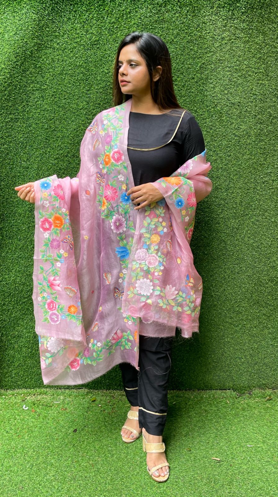 Pink Hand Painted Organza Silk Dupatta - Luxurion World
