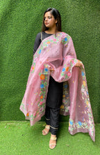 Pink Hand Painted Organza Silk Dupatta - Luxurion World