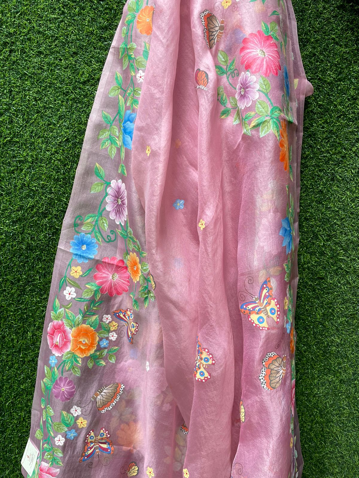 Pink Hand Painted Organza Silk Dupatta - Luxurion World
