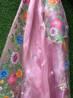 Pink Hand Painted Organza Silk Dupatta - Luxurion World