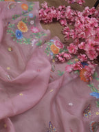 Pink Hand Painted Organza Silk Dupatta - Luxurion World