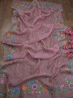Pink Hand Painted Organza Silk Dupatta - Luxurion World