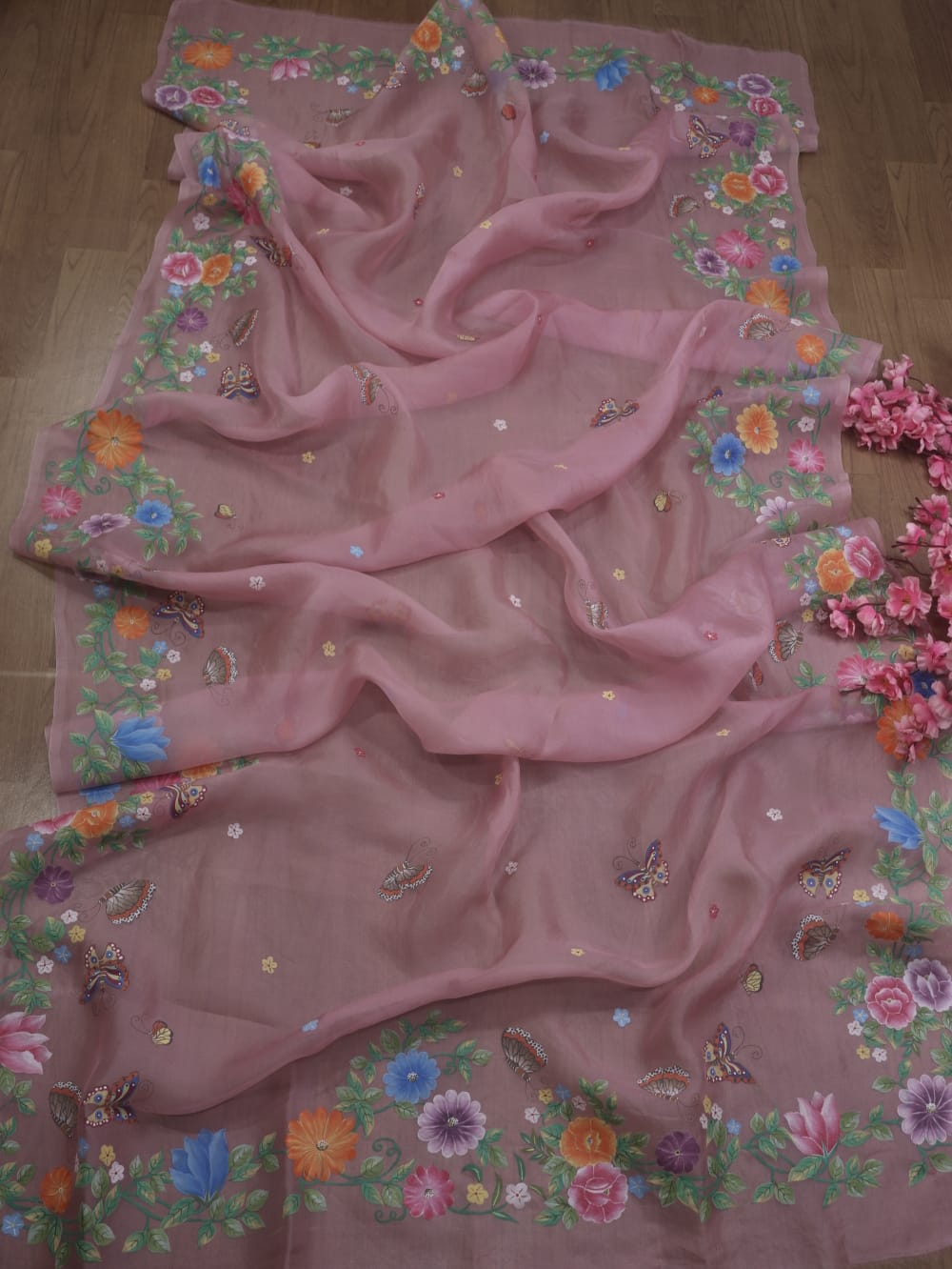 Pink Hand Painted Organza Silk Dupatta - Luxurion World