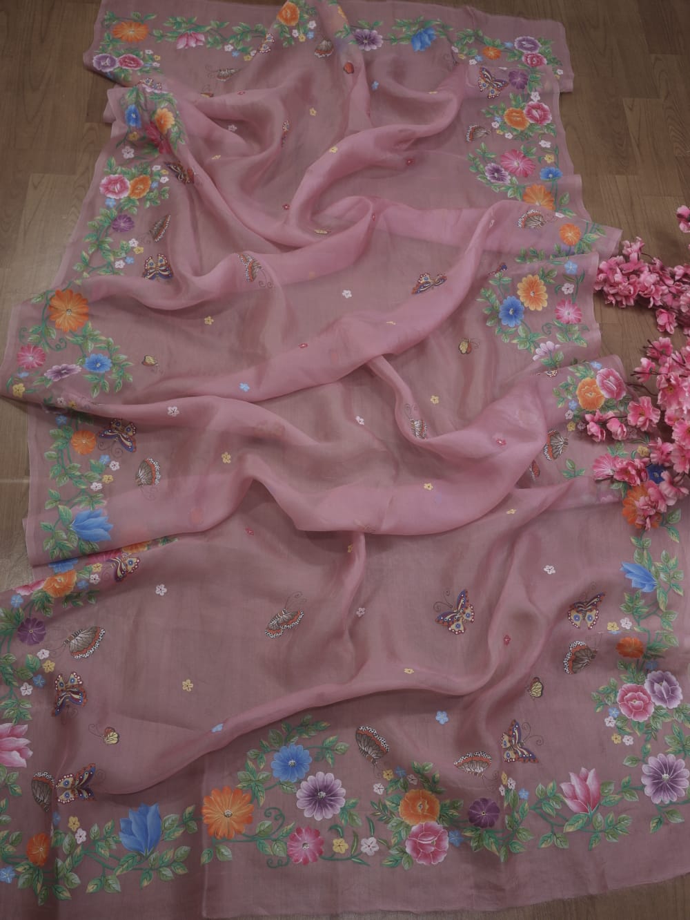 Pink Hand Painted Organza Silk Dupatta - Luxurion World