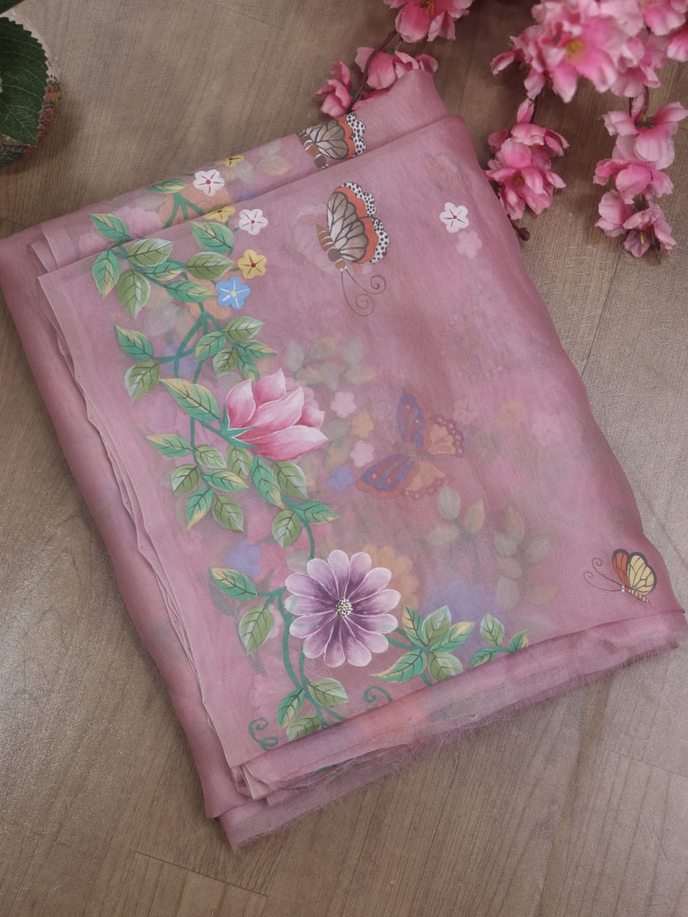 Pink Hand Painted Organza Silk Dupatta - Luxurion World