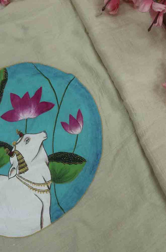 Pastel Hand Painted Pure Moonga Silk Pichwai Blouse Fabric (1 Mtr) - Luxurion World