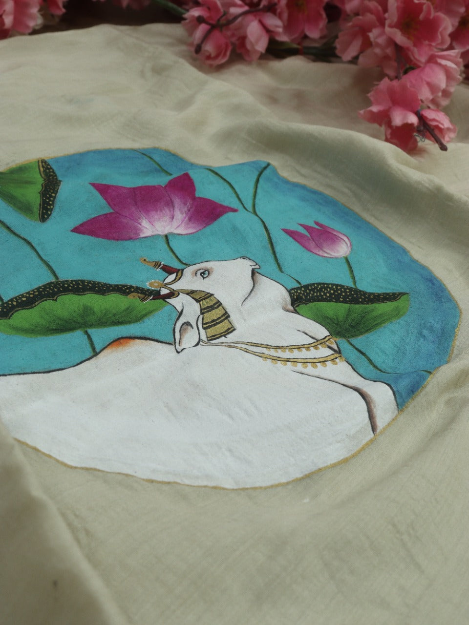 Pastel Hand Painted Pure Moonga Silk Pichwai Blouse Fabric (1 Mtr) - Luxurion World