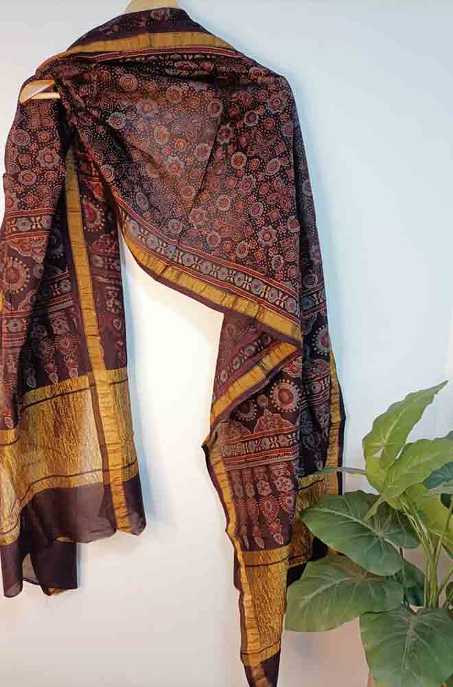 Shop the Elegant Black Ajrakh Block Printed Chanderi Silk Dupatta - Luxurion World