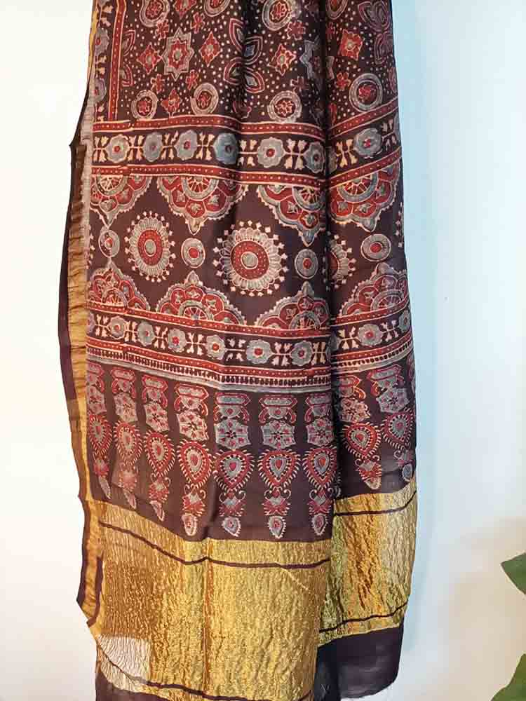 Shop the Elegant Black Ajrakh Block Printed Chanderi Silk Dupatta - Luxurion World