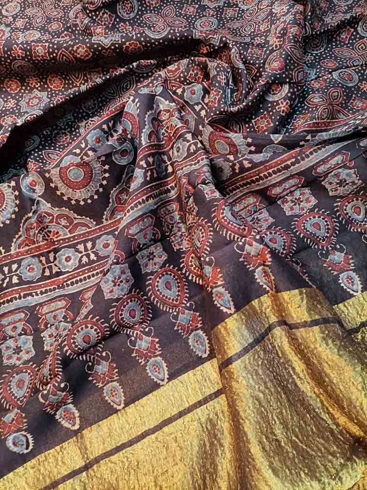 Shop the Elegant Black Ajrakh Block Printed Chanderi Silk Dupatta - Luxurion World