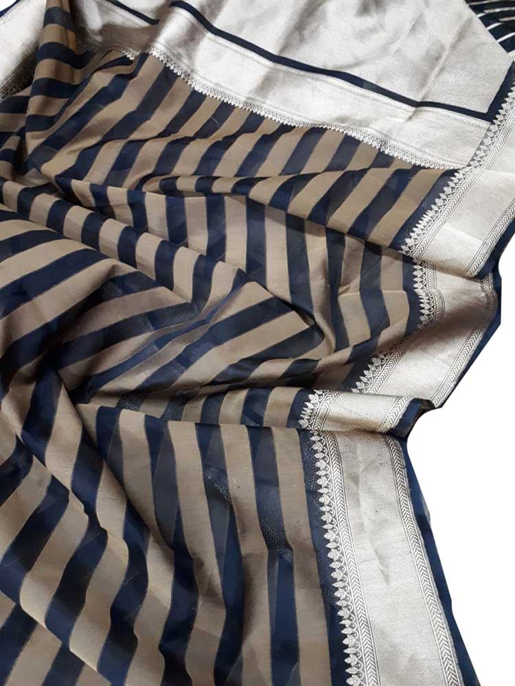 Stunning Black & Brown Handloom Banarasi Kora Silk Saree with Stripes Design - Luxurion World
