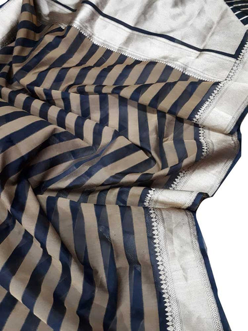 Stunning Black & Brown Handloom Banarasi Kora Silk Saree with Stripes Design - Luxurion World