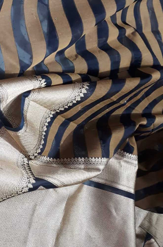 Stunning Black & Brown Handloom Banarasi Kora Silk Saree with Stripes Design
