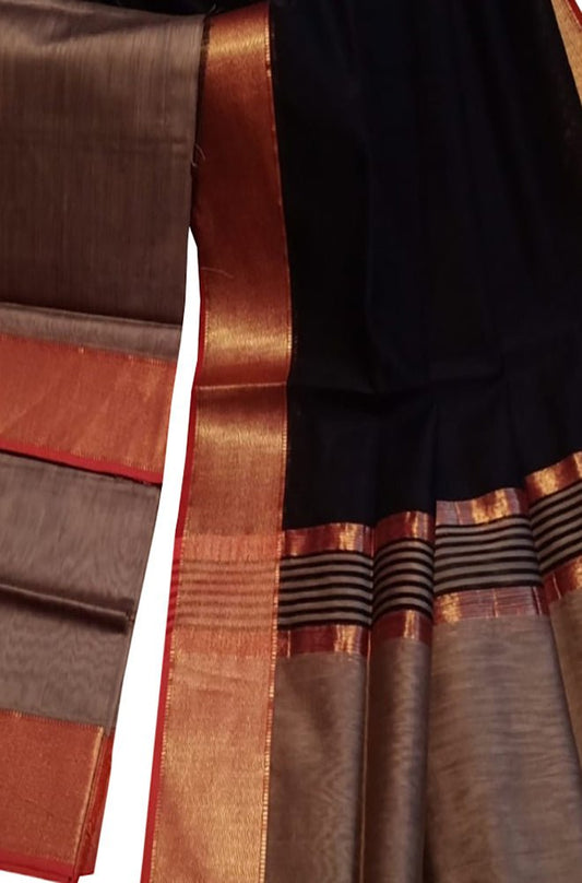 Maheshwari Cotton Silk Suit Set: Black & Grey Handloom Unstitched 2-Piece