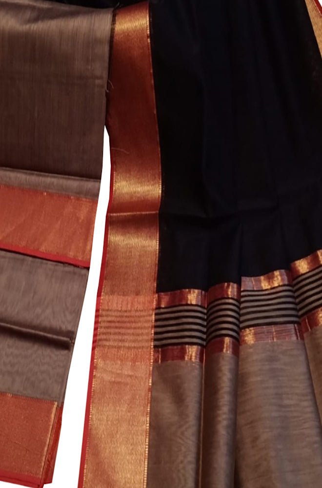 Maheshwari Cotton Silk Suit Set: Black & Grey Handloom Unstitched 2-Piece - Luxurion World