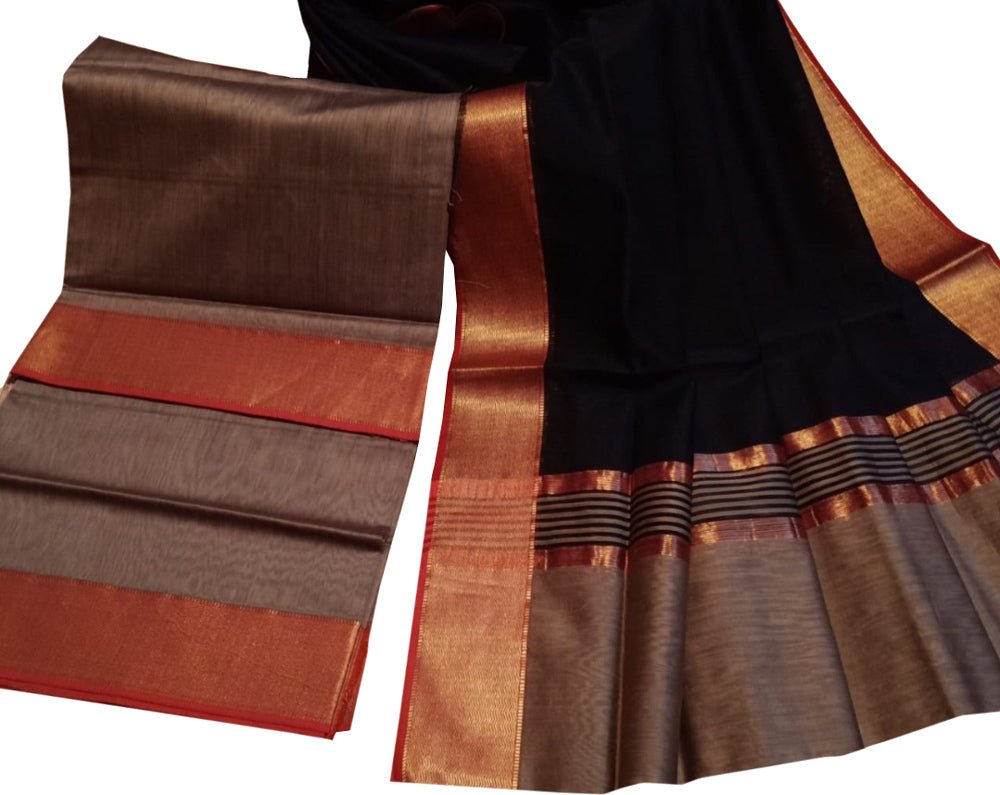 Maheshwari Cotton Silk Suit Set: Black & Grey Handloom Unstitched 2-Piece - Luxurion World