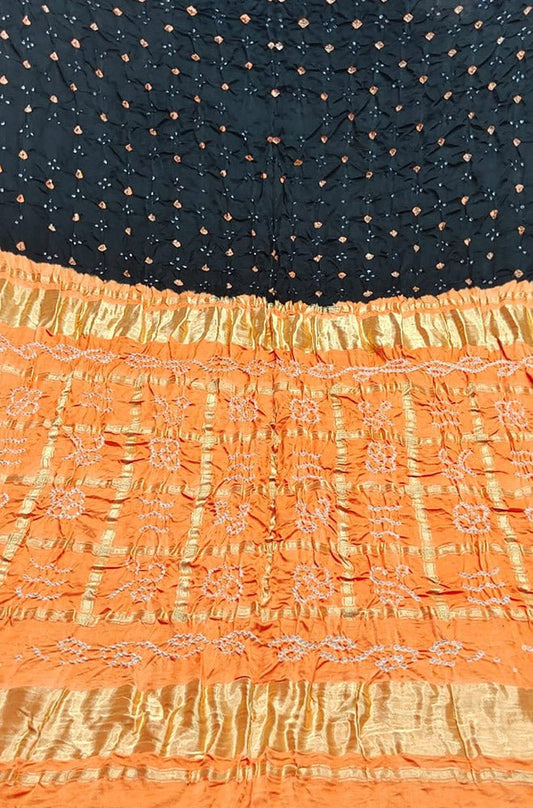 Stunning Black and Orange Checks Bandhani Gajji Silk Gharchola Saree - Luxurion World