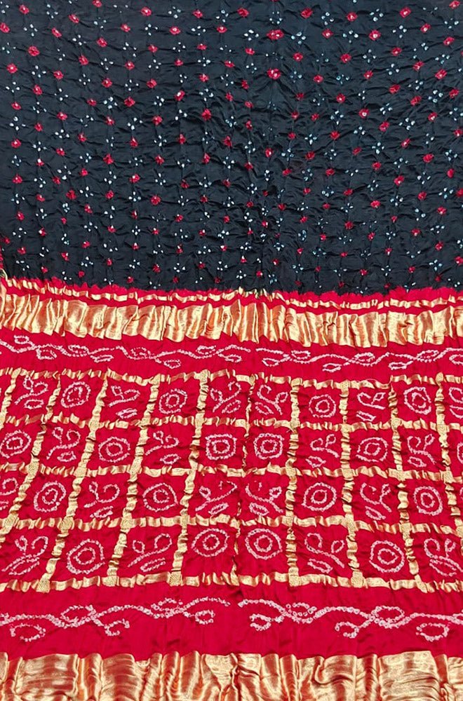 Stunning Black and Red Checks Bandhani Gajji Silk Gharchola Saree - Luxurion World