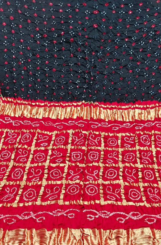 Stunning Black and Red Checks Bandhani Gajji Silk Gharchola Saree - Luxurion World