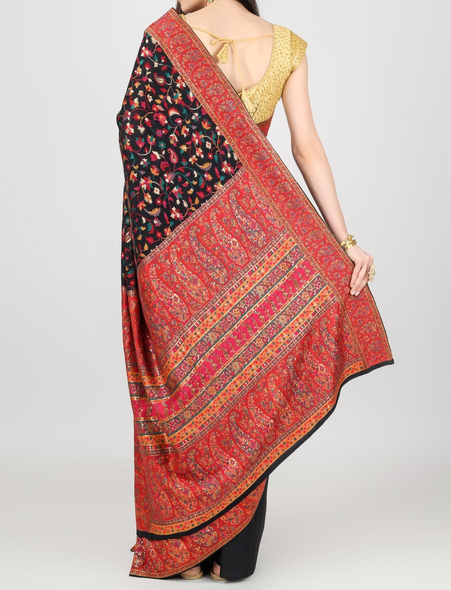 Stunning Black & Red Kashmiri Kani Silk Saree with Embroidery Work - Luxurion World