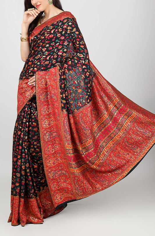 Stunning Black & Red Kashmiri Kani Silk Saree with Embroidery Work - Luxurion World