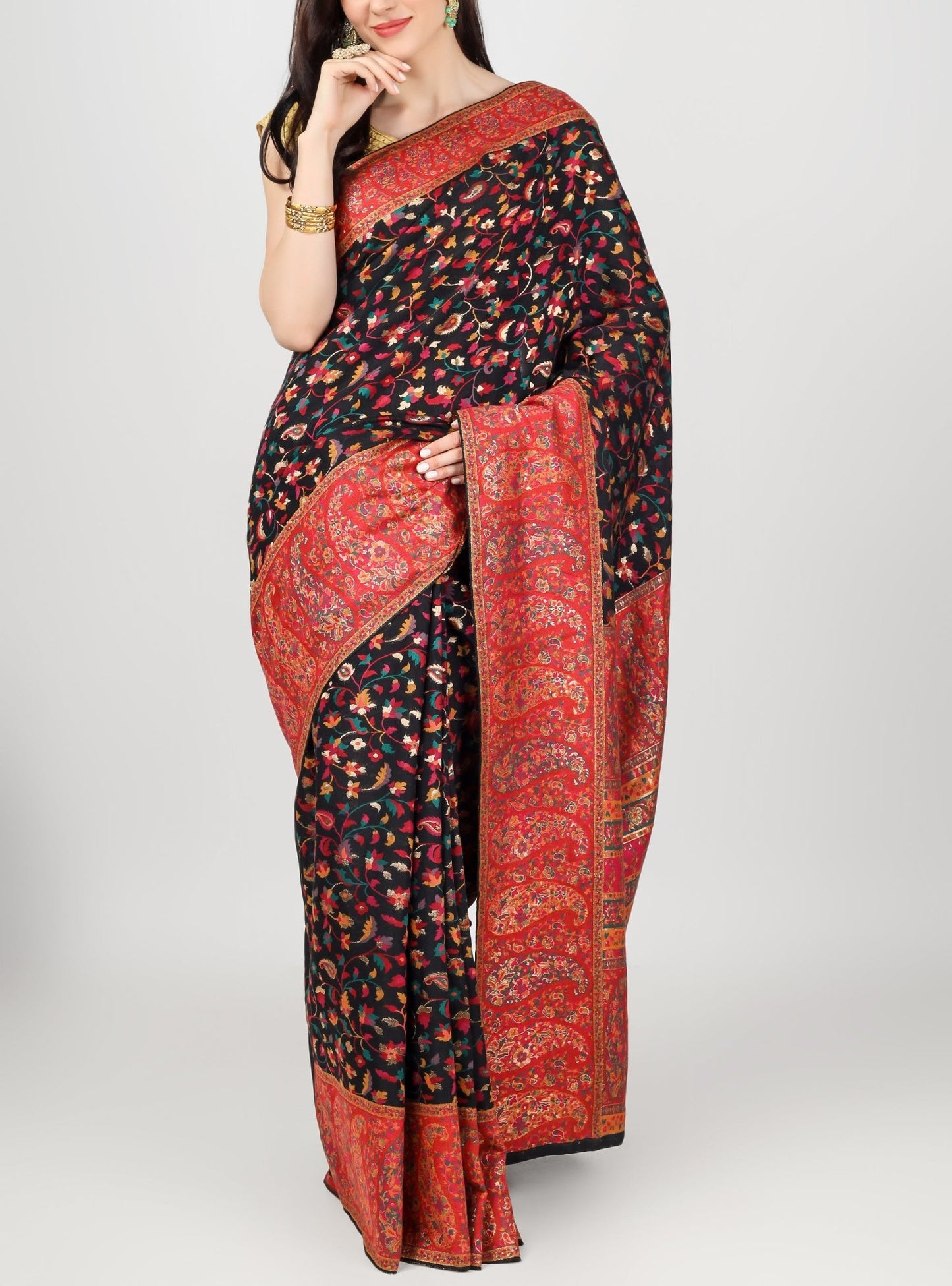 Stunning Black & Red Kashmiri Kani Silk Saree with Embroidery Work - Luxurion World