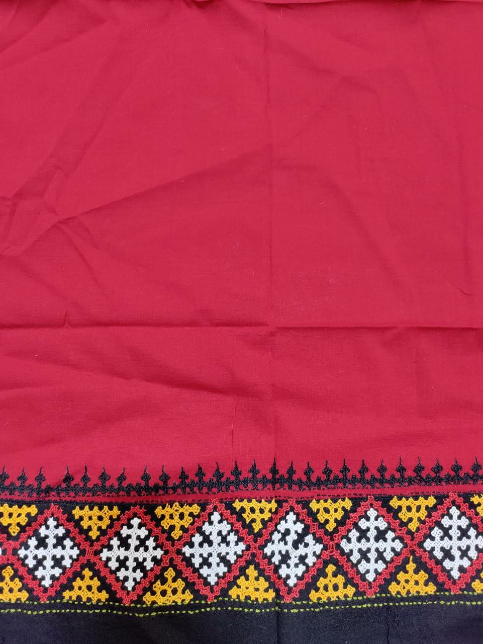 Stunning Black & Red Kantha Work Cotton Blouse Piece (0.75 Mtr) - Luxurion World