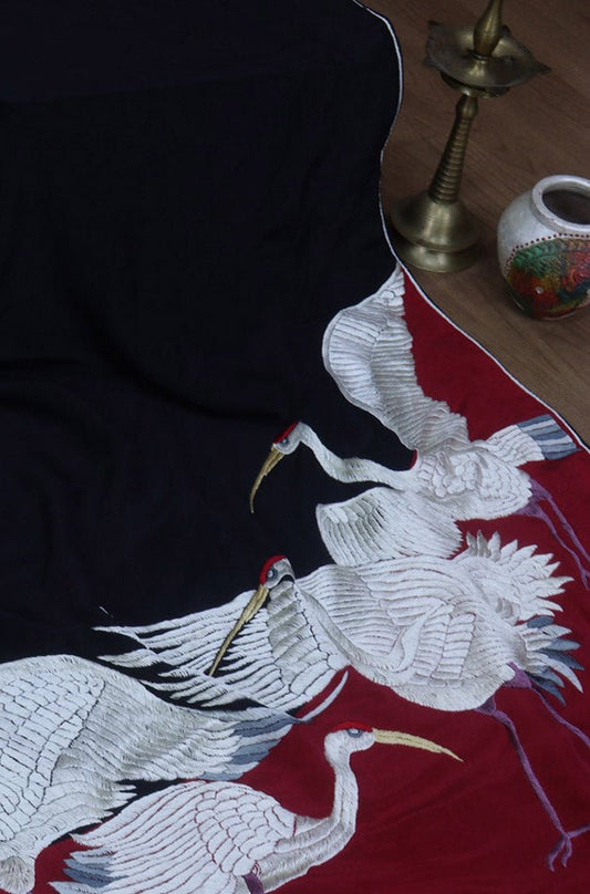 Stunning Black & Red Parsi Gara Saree with Hand Embroidered Bird Design on Pure Crepe Fabric - Luxurion World