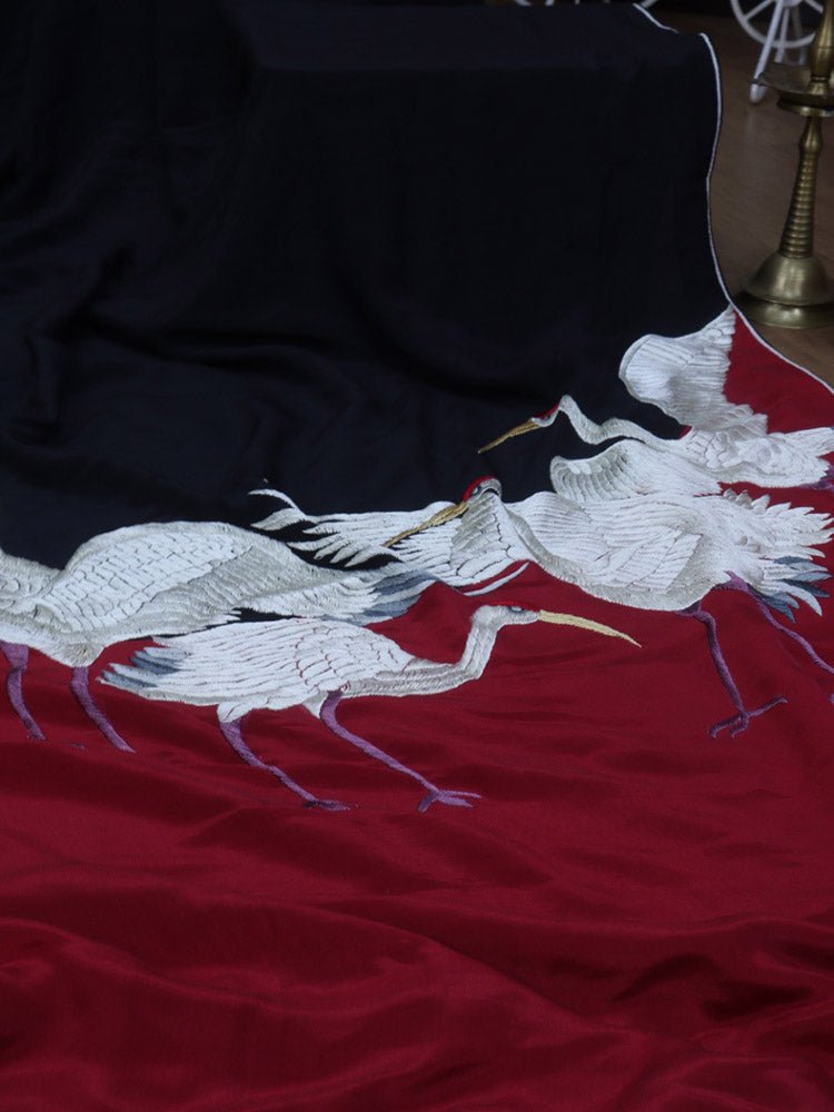 Stunning Black & Red Parsi Gara Saree with Hand Embroidered Bird Design on Pure Crepe Fabric - Luxurion World