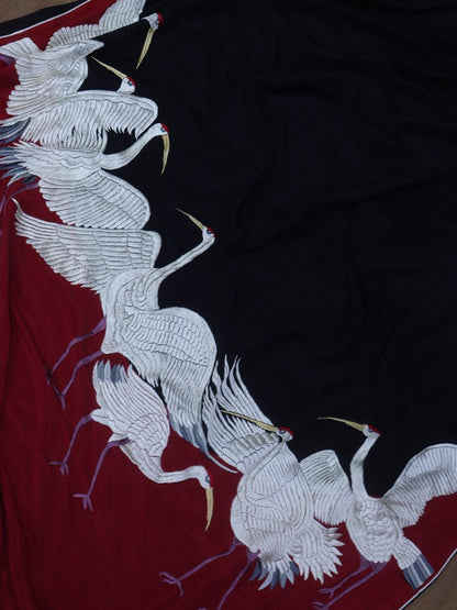 Stunning Black & Red Parsi Gara Saree with Hand Embroidered Bird Design on Pure Crepe Fabric - Luxurion World
