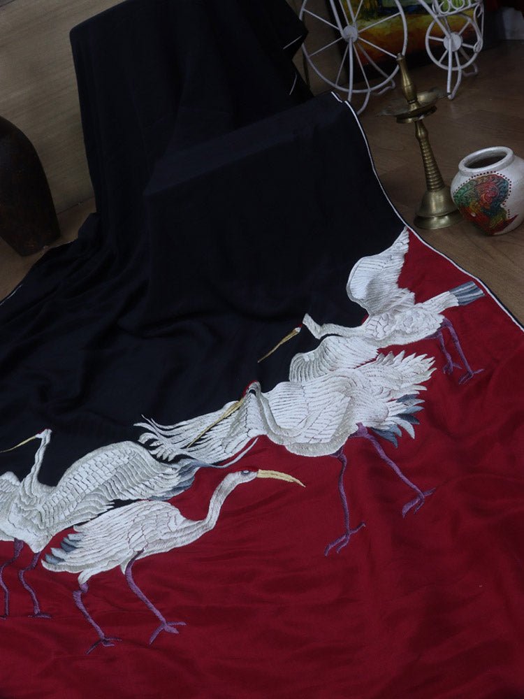 Stunning Black & Red Parsi Gara Saree with Hand Embroidered Bird Design on Pure Crepe Fabric