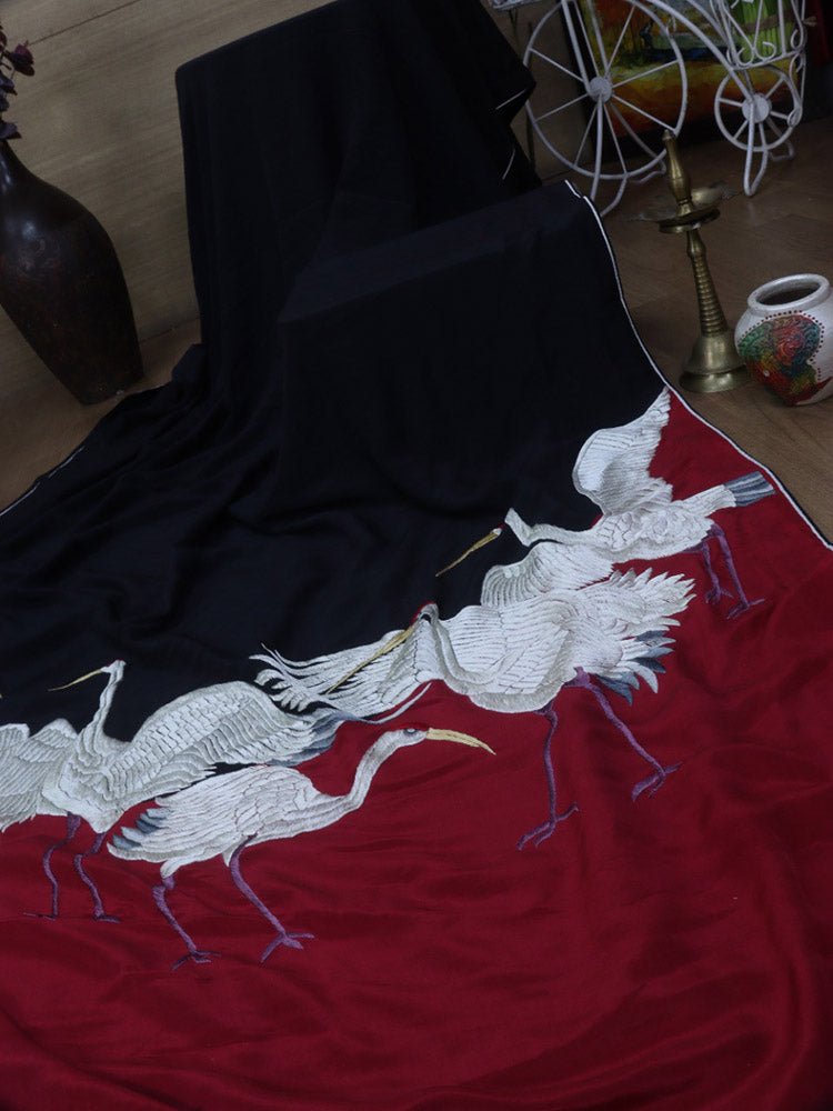 Stunning Black & Red Parsi Gara Saree with Hand Embroidered Bird Design on Pure Crepe Fabric - Luxurion World