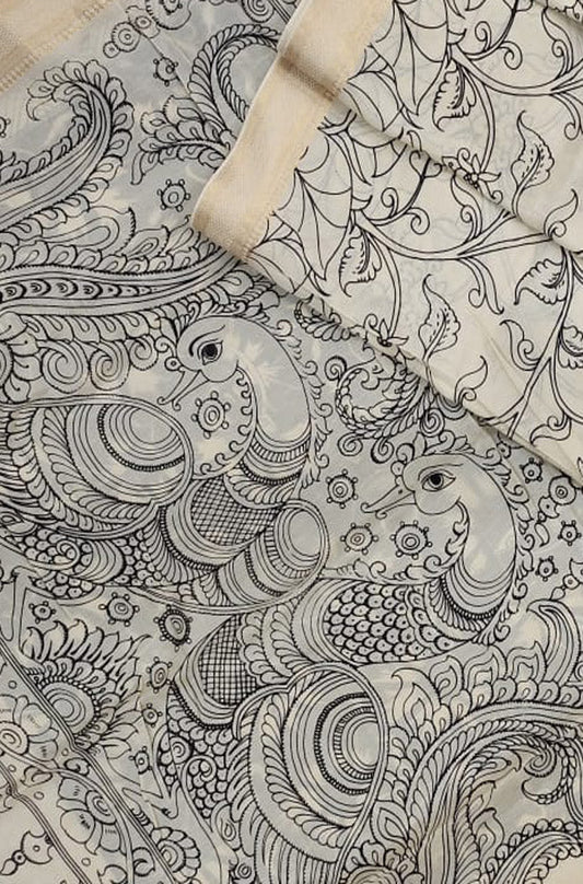 Stunning Black & White Kalamkari Bangalore Silk Saree - Hand Painted Beauty - Luxurion World