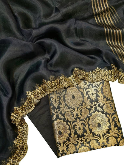 Stunning Black Banarasi Brocade Silk Suit Set with Embroidered Dupatta