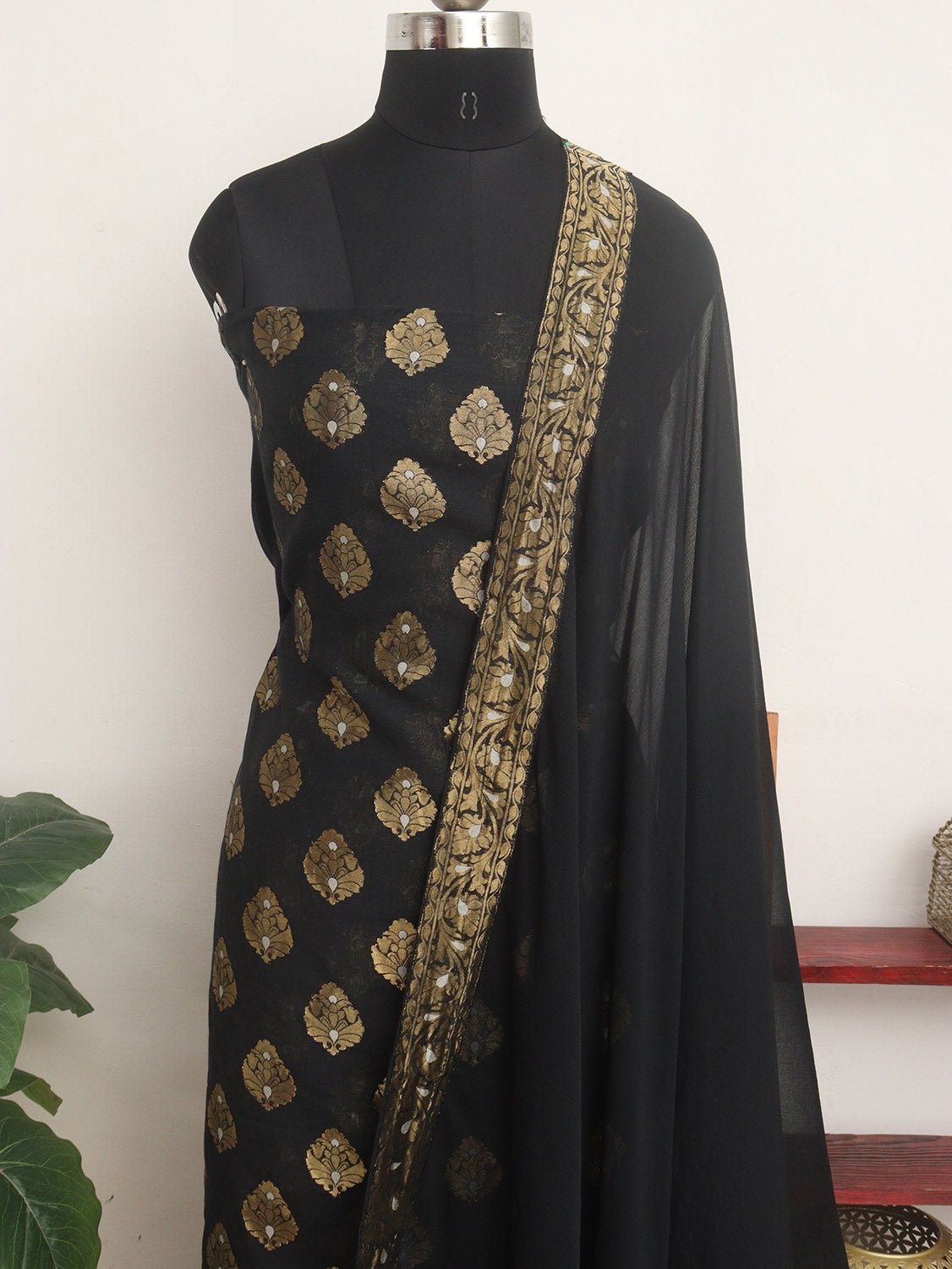 Stunning Black Banarasi Georgette Sona Roopa Suit Set - Unstitched
