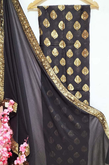 Black Banarasi Georgette Sona Roopa Three Piece Unstitched Suit SetLuxurionworld