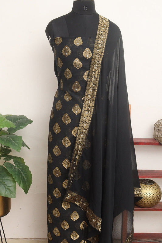 Stunning Black Banarasi Georgette Sona Roopa Suit Set - Unstitched - Luxurion World