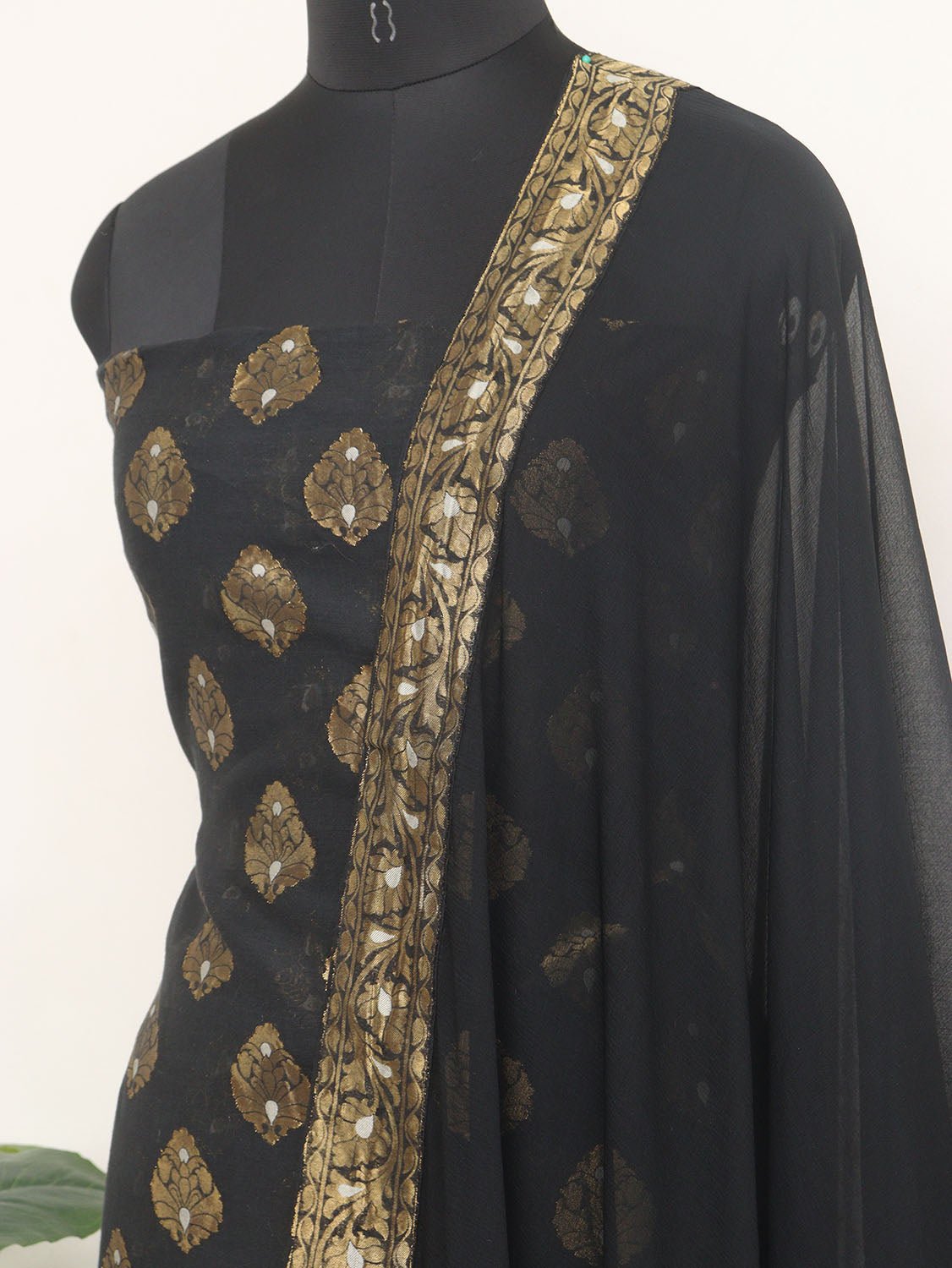Stunning Black Banarasi Georgette Sona Roopa Suit Set - Unstitched
