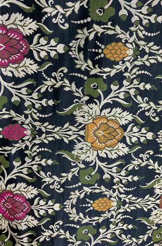 Black Banarasi KimKhwab Silk Meenakari Fabric ( 1 Mtr ) - Luxurion World