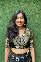 Black Banarasi Silk 3/4 Sleeves Collar Neck Padded Parrot And Elephant Design Blouse - Luxurion World