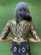 Black Banarasi Silk 3/4 Sleeves Collar Neck Padded Parrot And Elephant Design Blouse - Luxurion World