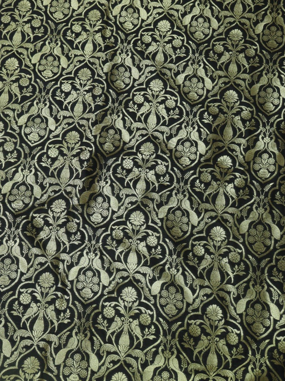 Black Banarasi Silk Bird Design Fabric (1Mtr)Luxurionworld