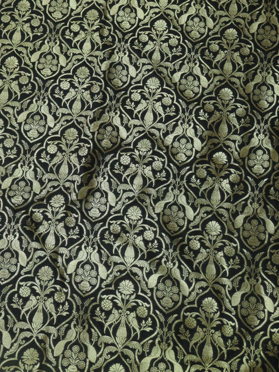 Black Banarasi Silk Bird Design Fabric (1Mtr) - Luxurion World