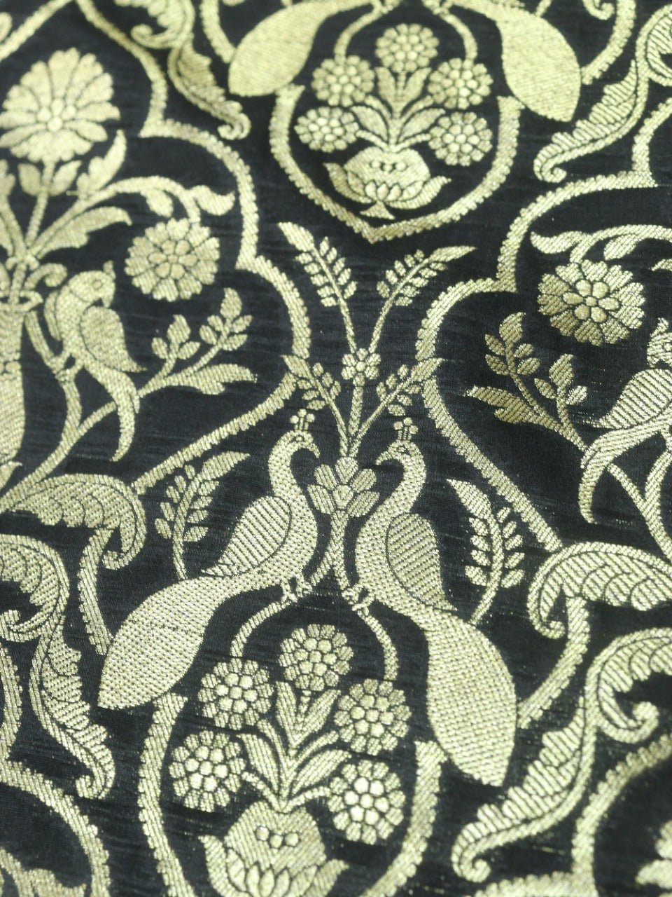 Black Banarasi Silk Bird Design Fabric (1Mtr) - Luxurion World