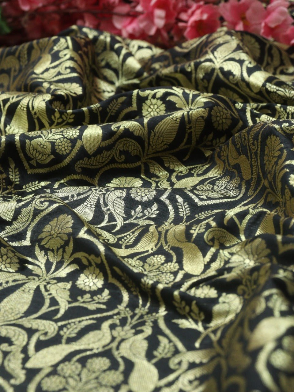 Black Banarasi Silk Bird Design Fabric (1Mtr) - Luxurion World