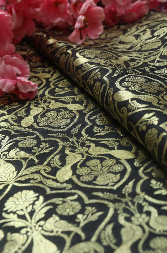 Black Banarasi Silk Bird Design Fabric (1Mtr)