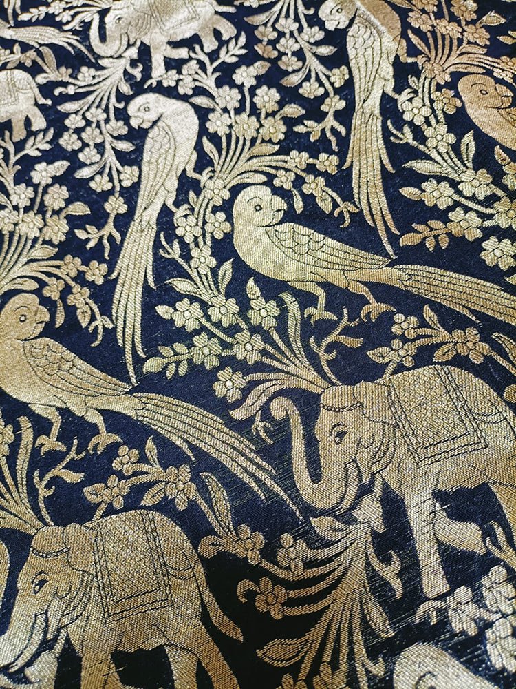 Black Banarasi Silk Elephant And Parrot Design Fabric (0.8 Mtr)