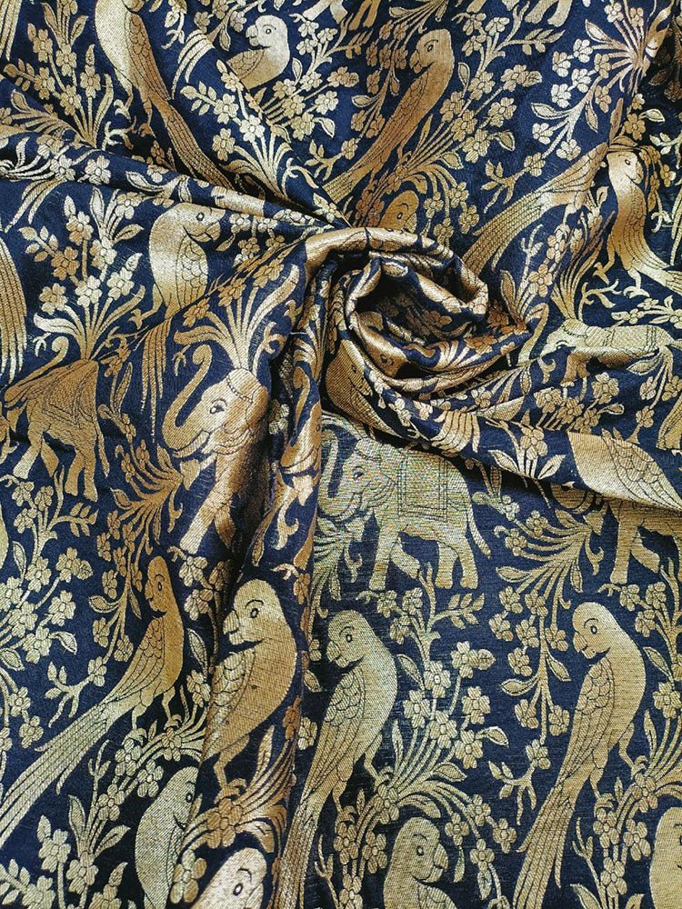 Black Banarasi Silk Elephant And Parrot Design Fabric (0.8 Mtr) - Luxurion World